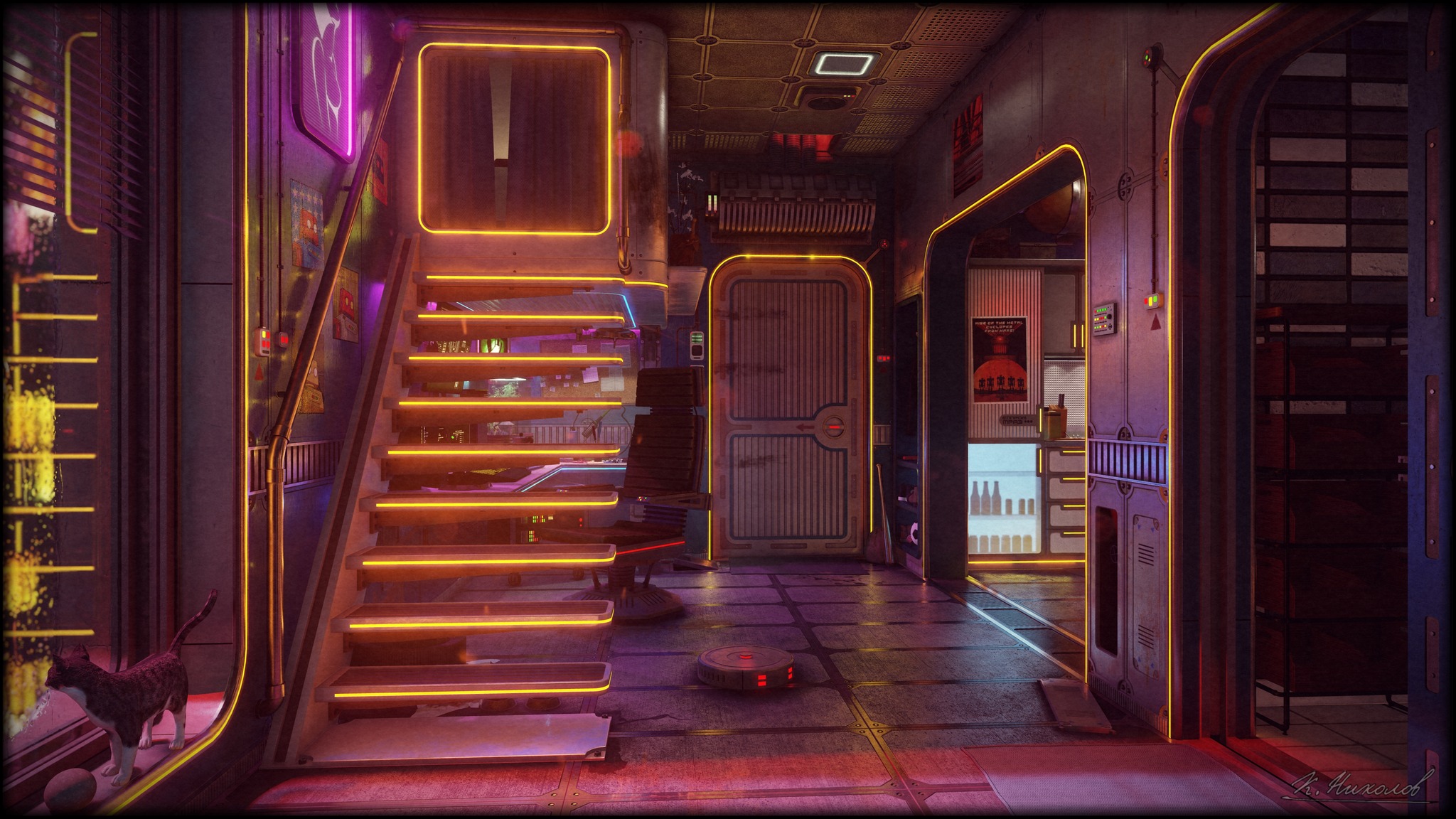 This meme is a screenshot of a video game scene, specifically a futuristic cityscape from the game "Cyberpunk 2070". The image shows a dimly lit, neon-lit street with a sign reading "Kowak" and a poster reading "Kowak: The Kowak Story". The text "Kowak" is written in a bold, neon-lit font, with a red "K" and a blue "K" in the top left and right corners, respectively.